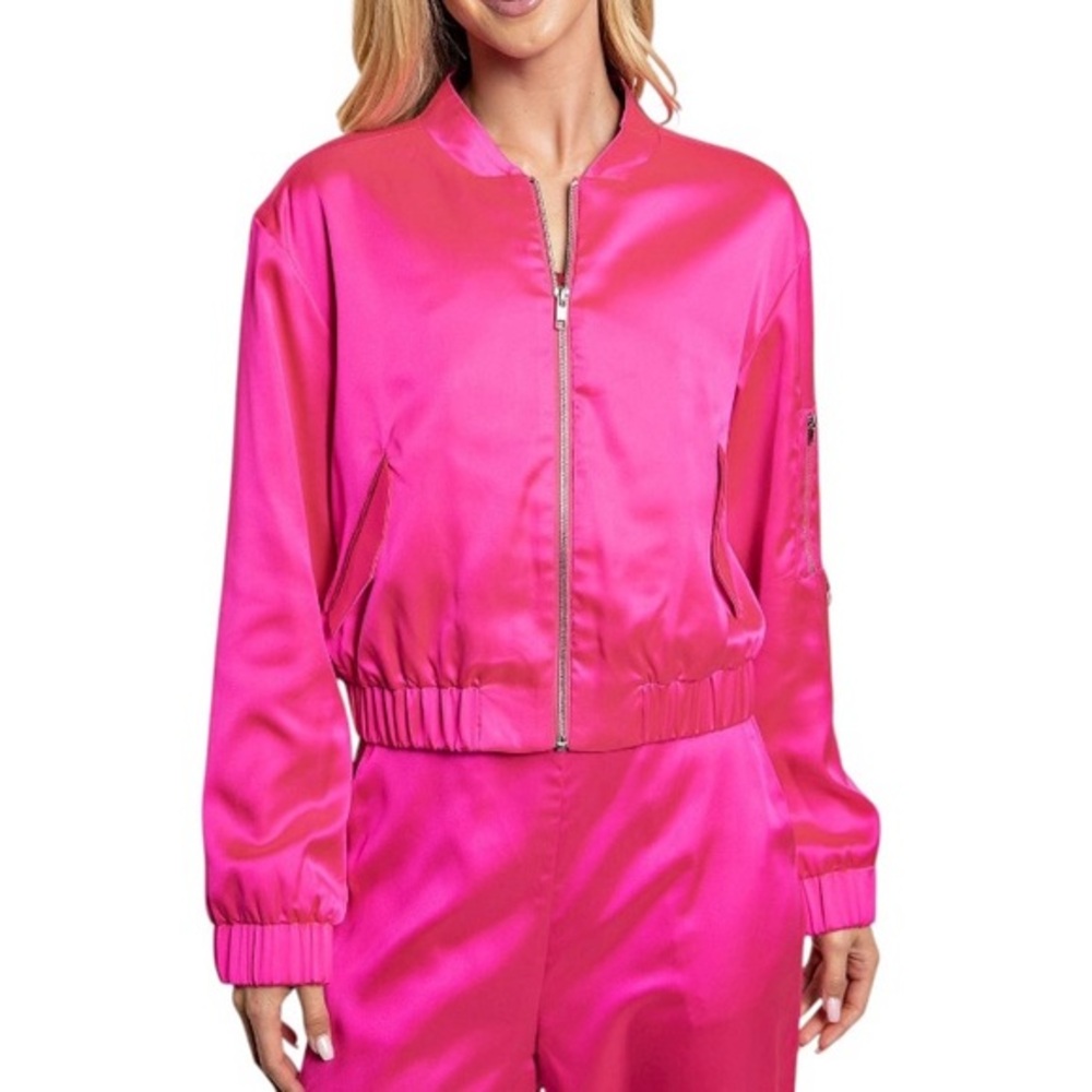 CeCe Satin Hot Pink Gold Full Zipper Chic Stylish Bomber Unlined Jacket M